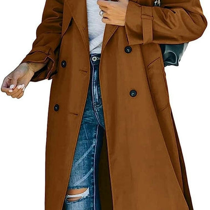 Womens Oversized Long Trench Coat Double Breasted Lapel Windproof Overcoat