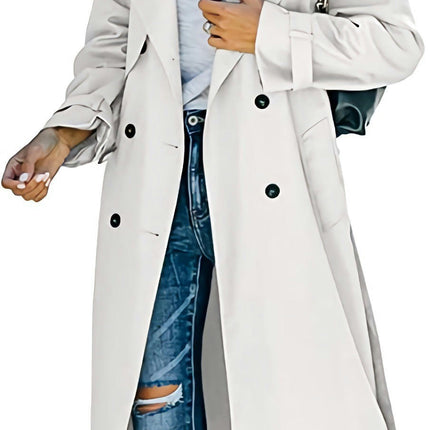 Womens Oversized Long Trench Coat Double Breasted Lapel Windproof Overcoat