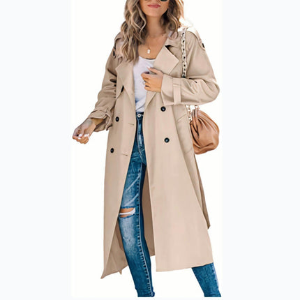 Womens Oversized Long Trench Coat Double Breasted Lapel Windproof Overcoat