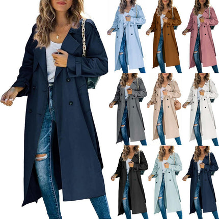 Womens Oversized Long Trench Coat Double Breasted Lapel Windproof Overcoat