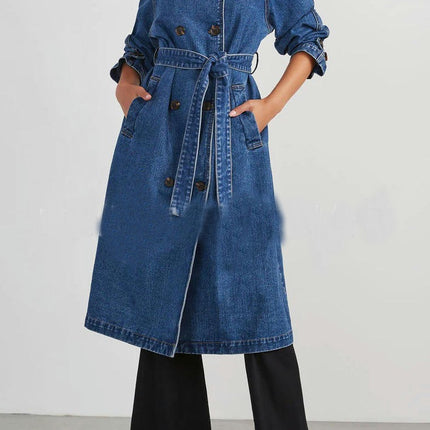 Women's Vintage Midi Long Jean Jacket Loose Fit Double Breasted Denim Jacket Trench Coat with Belt