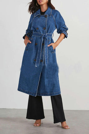 Women's Vintage Midi Long Jean Jacket Loose Fit Double Breasted Denim Jacket Trench Coat with Belt