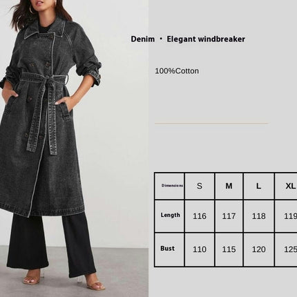 Women's Vintage Midi Long Jean Jacket Loose Fit Double Breasted Denim Jacket Trench Coat with Belt