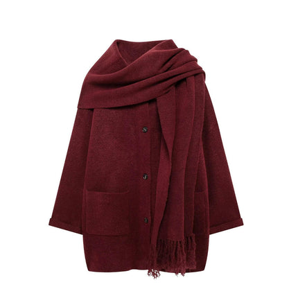 Women's Button Knitted Jacket with Scarf Short Knitted Coat Jacket with Pockets