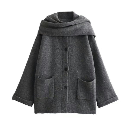 Women's Button Knitted Jacket with Scarf Short Knitted Coat Jacket with Pockets