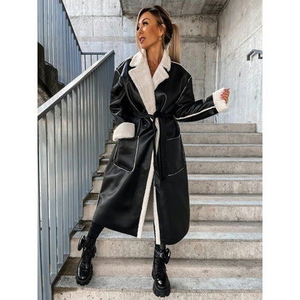 Women's Faux Shearing Long Jacket-Lined Winter Faux Leather Coat Outerwear with Belt