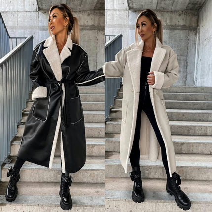 Women's Faux Shearing Long Jacket-Lined Winter Faux Leather Coat Outerwear with Belt