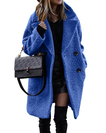 Women Long Sherpa Coat - Fuzzy Faux Fur Trench Jackets Winter Fleece Button Cardigan With Pockets