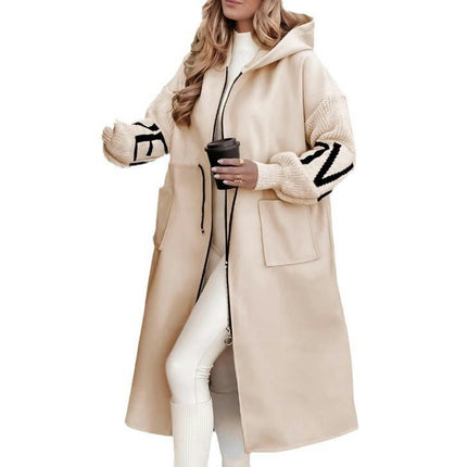 Women's Long Hooded Windbreaker Spliced Sweater Long Sleeve Winter Zipper Jacket