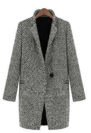 Women's Notch Lapel One Button Pea Coat Winter Houndstooth Coat Long Jacket