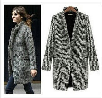 Women's Notch Lapel One Button Pea Coat Winter Houndstooth Coat Long Jacket