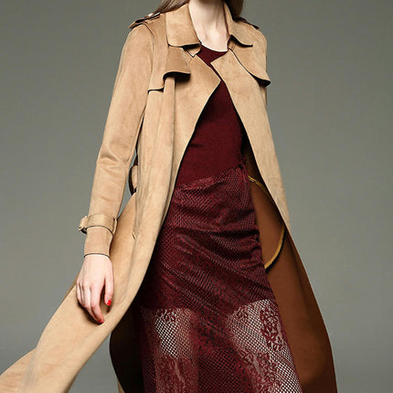 Women's Suede Trench Coat - Mid-Length Fashion Slim Fit Trench Coat with Belt