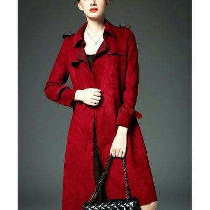 Women's Suede Trench Coat - Mid-Length Fashion Slim Fit Trench Coat with Belt