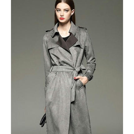 Women's Suede Trench Coat - Mid-Length Fashion Slim Fit Trench Coat with Belt