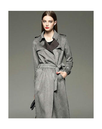 Women's Suede Trench Coat - Mid-Length Fashion Slim Fit Trench Coat with Belt