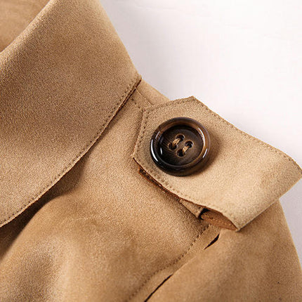 Women's Suede Trench Coat - Mid-Length Fashion Slim Fit Trench Coat with Belt