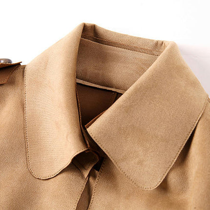 Women's Suede Trench Coat - Mid-Length Fashion Slim Fit Trench Coat with Belt