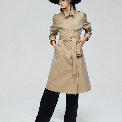 Women's Cotton Gabardine British Style Trench Coat with Metal Snap Ring Decoration