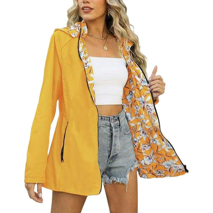 Women Casual Reversible Floral Print Jacket Hooded Spring Fall Fashion, Lightweight Thin Coat