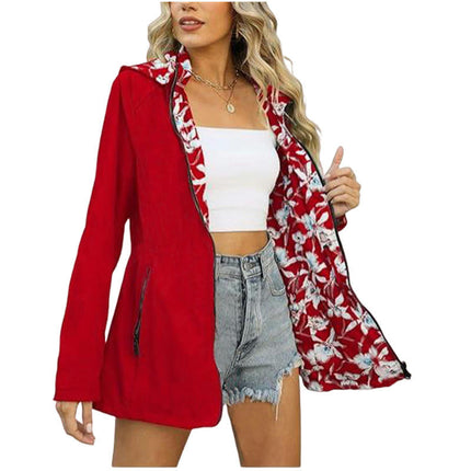 Women Casual Reversible Floral Print Jacket Hooded Spring Fall Fashion, Lightweight Thin Coat