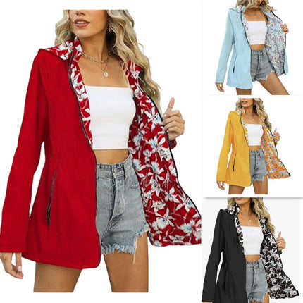 Women Casual Reversible Floral Print Jacket Hooded Spring Fall Fashion, Lightweight Thin Coat