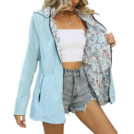 Women Casual Reversible Floral Print Jacket Hooded Spring Fall Fashion, Lightweight Thin Coat