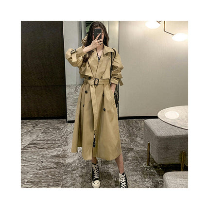 Women's Double Breasted Long Trench Coat Windproof Classic Lapel Slim Overcoat with Belt-A