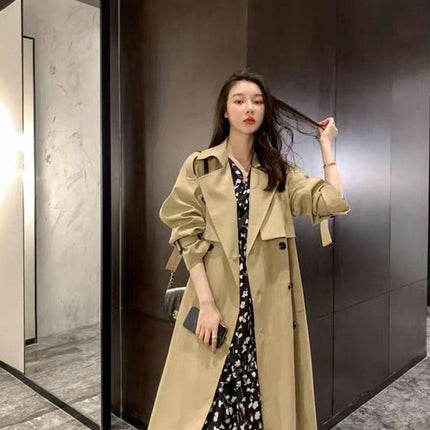 Women's Double Breasted Long Trench Coat Windproof Classic Lapel Slim Overcoat with Belt-A