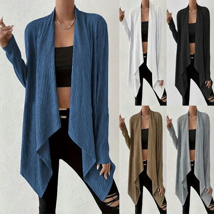 Women's Solid Color Pleated Cardigan Casual Loose Long Sleeve Irregular Hem Cardigan