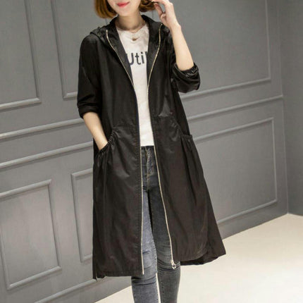 Women's Hooded Mid-Length Jacket - Thin Loose Solid Color Zipper Windbreaker