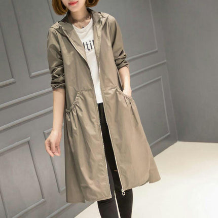 Women's Hooded Mid-Length Jacket - Thin Loose Solid Color Zipper Windbreaker