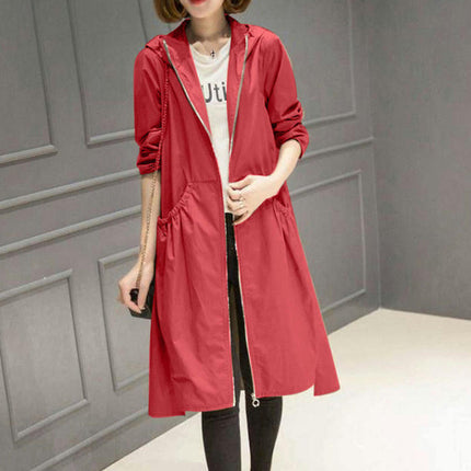 Women's Hooded Mid-Length Jacket - Thin Loose Solid Color Zipper Windbreaker