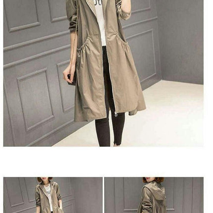 Women's Hooded Mid-Length Jacket - Thin Loose Solid Color Zipper Windbreaker