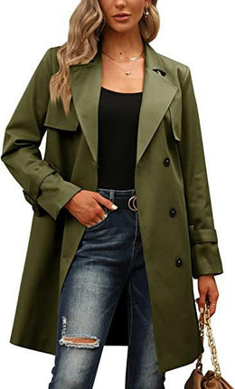 Women's Double Breasted Trench Coats Mid-Length Belted Overcoat Long Dress Jacket