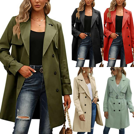 Women's Double Breasted Trench Coats Mid-Length Belted Overcoat Long Dress Jacket