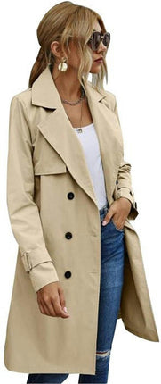 Women's Double Breasted Trench Coats Mid-Length Belted Overcoat Long Dress Jacket