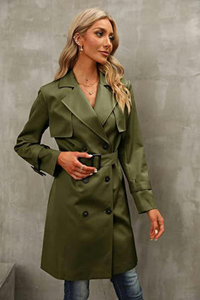 Women's Double Breasted Trench Coats Mid-Length Belted Overcoat Long Dress Jacket