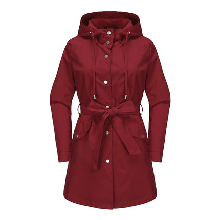 Women's Long Hooded Jacket - Waterproof Belt Thin Casual Loose Windbreaker