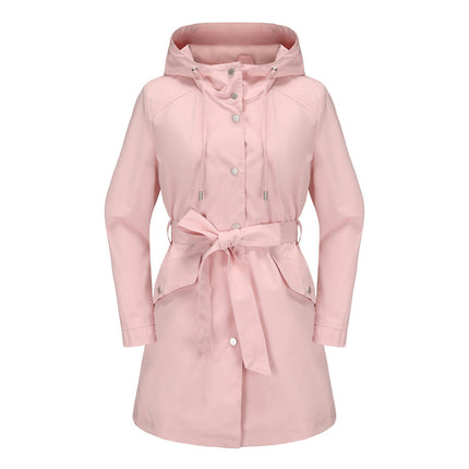 Women's Long Hooded Jacket - Waterproof Belt Thin Casual Loose Windbreaker