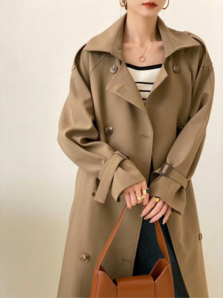 Women's Double Breasted Long Trench Coat Windproof  Classic Lapel Slim Overcoat with Belt