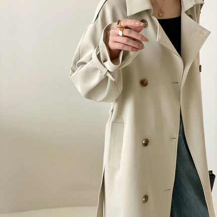 Women's Double Breasted Long Trench Coat Windproof  Classic Lapel Slim Overcoat with Belt