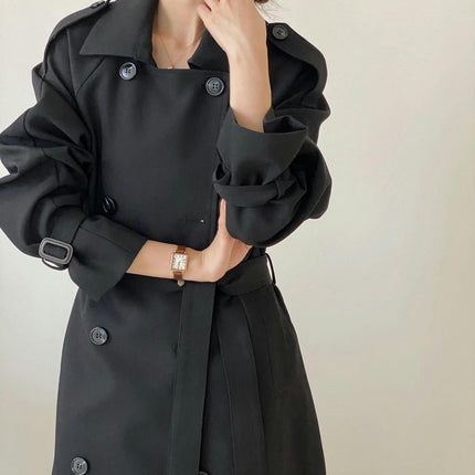 Women's Double Breasted Long Trench Coat Windproof  Classic Lapel Slim Overcoat with Belt