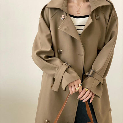 Women's Double Breasted Long Trench Coat Windproof  Classic Lapel Slim Overcoat with Belt