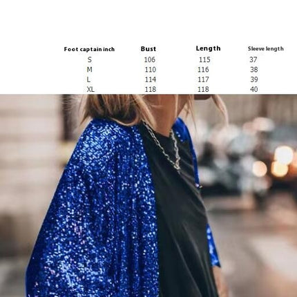 Women Sparkly Sequins Flared 3/4 Sleeve Open Front Coat Glittery Cardigan Party Bar Clubwear