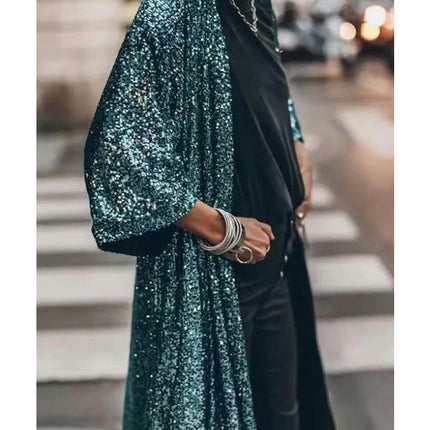 Women Sparkly Sequins Flared 3/4 Sleeve Open Front Coat Glittery Cardigan Party Bar Clubwear