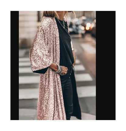 Women Sparkly Sequins Flared 3/4 Sleeve Open Front Coat Glittery Cardigan Party Bar Clubwear