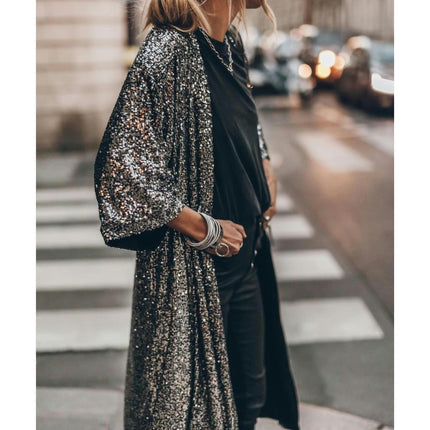 Women Sparkly Sequins Flared 3/4 Sleeve Open Front Coat Glittery Cardigan Party Bar Clubwear