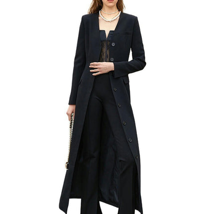 Women's Extra Long Single-Breasted Trench Coat V-neck Slim Waist Slim Trench Coat