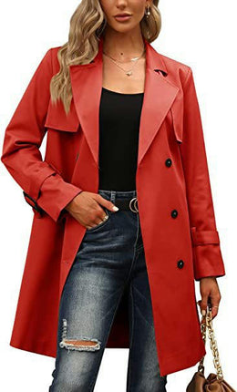 Women's Double Breasted Long Trench Coats Mid-Length Belted Overcoat  Jacket Model C