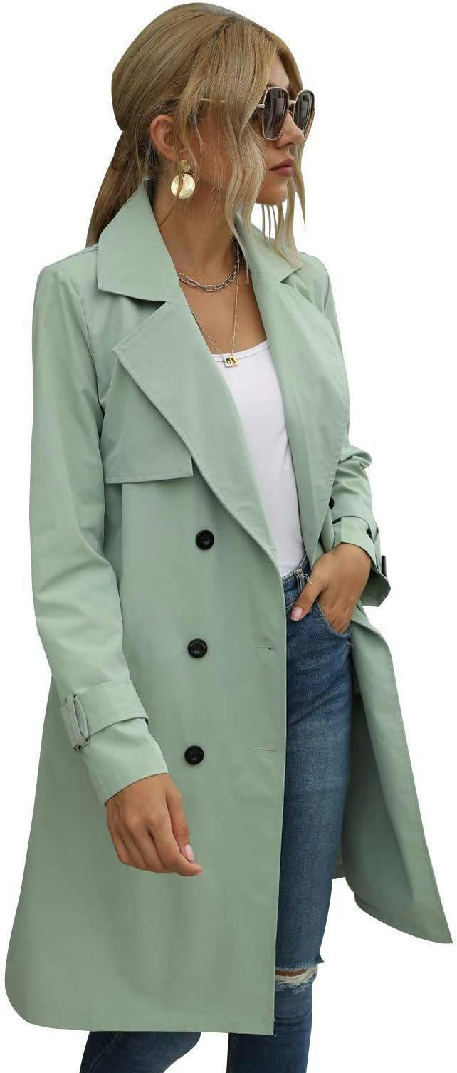 Women's Double Breasted Long Trench Coats Mid-Length Belted Overcoat  Jacket Model C